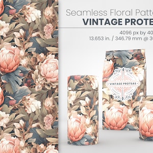 May include: A seamless floral pattern featuring large, peach-colored protea flowers, white blossoms, and green and blue foliage. The design is displayed on a roll of fabric and various product packaging, including a box, a cylinder, and a can. The text "VINTAGE PROTEAS" is visible.