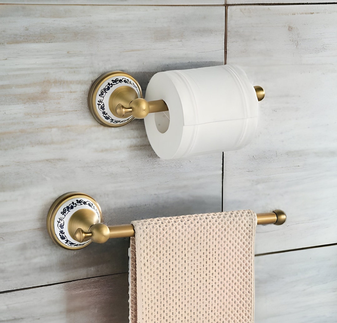 Antique Brass Towel Holder Set, Brass Toilet Paper Holder, Victorian Bathroom, Hand Towel Holder ...