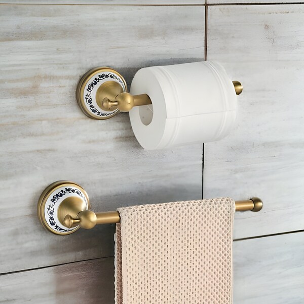 Antique Brass Towel Holder Set, Brass Toilet Paper Holder, Victorian Bathroom, Hand towel Holder, Home Decor