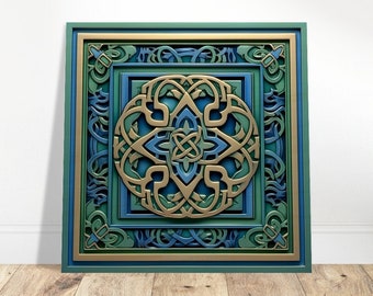 May include: A square framed wall art piece with a green, blue, and gold intricate Celtic knot design.