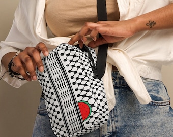 Palestine Crossbody Bag Gaza Keffiyeh Shoulder Bag with Watermelon Emblem and 2 Pockets Utility Handbag Gift for Men & Women. 786 Peace Now.