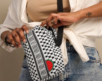 Palestine Crossbody Bag Gaza Keffiyeh Shoulder Bag with Watermelon Emblem and 2 Pockets Utility Handbag Gift for Men & Women. 786 Peace Now.