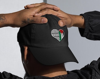 Embroidered Palestine Heart Dad Hat: Keffiyeh Flag Baseball Cap