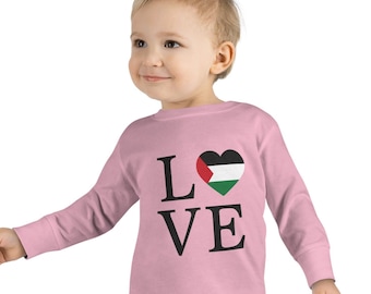Toddler Palestine LOVE Long Sleeve Tee with a Palestinian Flag Color O White Blue Gray or Pink Little Kid Palestine Shirt Gaza Kids Top