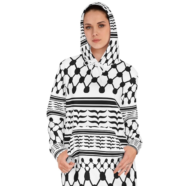 Robe à capuche inspirée du keffieh palestinien en noir et blanc Sweat à capuche long Palestine pour femme 786 Idée cadeau unique de sweat à capuche pour femme Kufiya