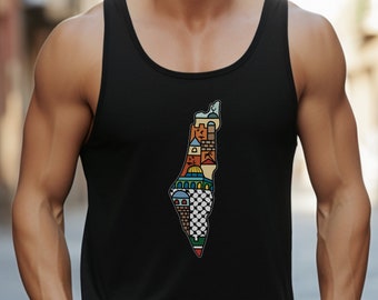 Camiseta sin mangas con el mapa de Palestina: diseño artístico de keffiyeh, ropa de calle unisex de algodón