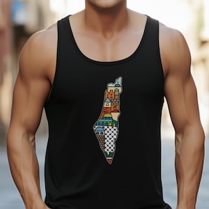 Palästina Karte Tank Top Free Gaza Ärmelloses Top Unisex Streetwear palästinensische Karte mit Keffiyeh & Bunten Design Peace Now Cease Fire Salam