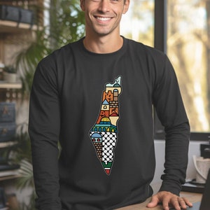 Palästina Karte Langarm-T-Shirt 100% Baumwolle T-Shirt in lebendigen Farben 786 Frieden in Gaza Shirts Palästinensische Solidarität Muslim Shop Salam.