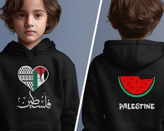 Palestinian Heart & Watermelon Hoodie for Kids with Palestine in Arabic on Front in English on Back Gaza Youth Streetwear Salam Peace Now