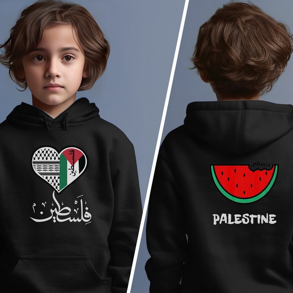 Palestinian Heart & Watermelon Hoodie for Kids with Palestine in Arabic on Front in English on Back Gaza Youth Streetwear Salam Peace Now