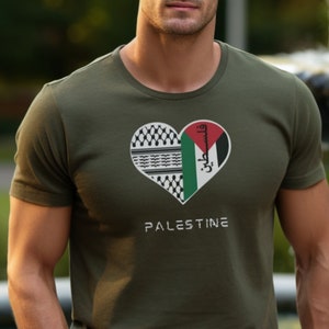 Palestinian Heart T-Shirt English Palestine Word Tee Flag Colors & Keffiyeh Elements Gaza Streetwear Ceasefire Now Protest Shirt Gift Peace
