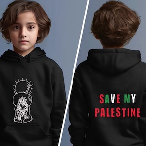 Sudadera con capucha Handala Palestina para niños con "Save My Palestina" en la parte posterior en letras rojas palestinas Kids Gaza Top Palestina Sudadera con capucha para niños