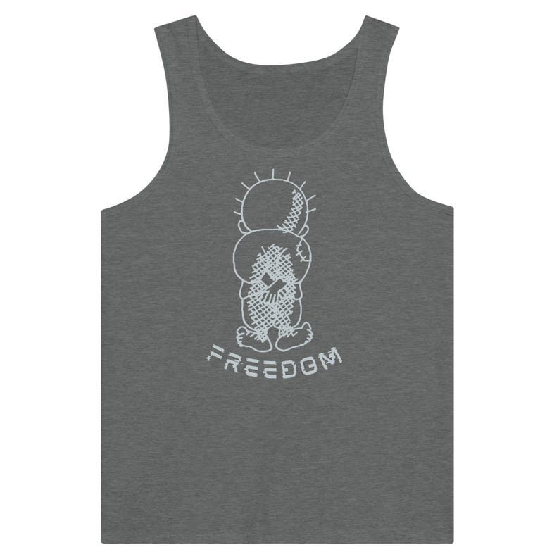 Gray Handala Tank Top – Freedom Flotilla Gaza Aid Shirt with Distressed Freedom Text