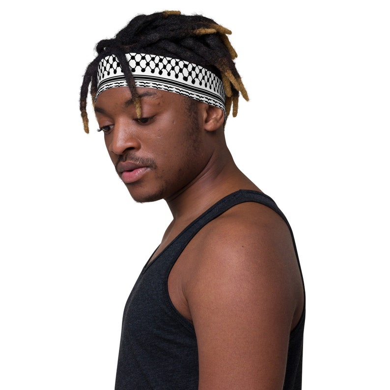 Side view of someone wearing a Keffiyeh-Inspired Headband in Black and White to Show Palestinian Solidarity and Gaza Support, Stand with Palestine, 786 Peace Now. Salam.