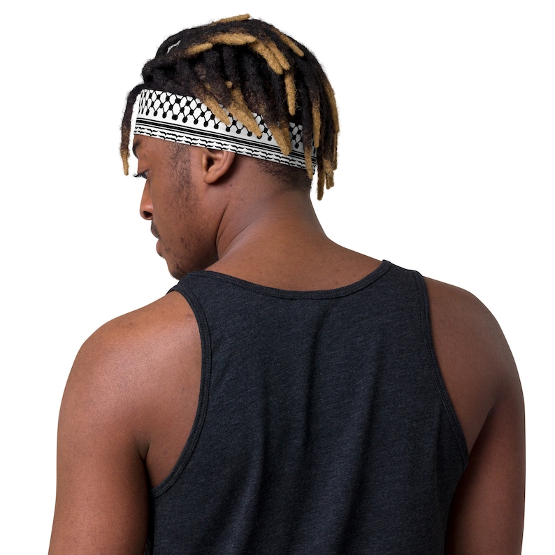 Back view of someone wearing a Keffiyeh-Inspired Headband in Black and White to Show Palestinian Solidarity and Gaza Support, Stand with Palestine, 786 Peace Now. Salam.