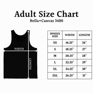 May include: Black tank top with a size chart. The chart shows unisex sizes XS to 2XL with width and length measurements in inches. The text "Adult Size Chart" is at the top.