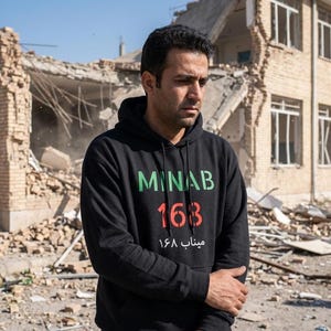 May include: A black hooded sweatshirt featuring the text MINAB in green, the number 168 in red, and the same text in Persian script below it. The garment has long sleeves, a front kangaroo pocket, and matching black drawstrings at the neckline.