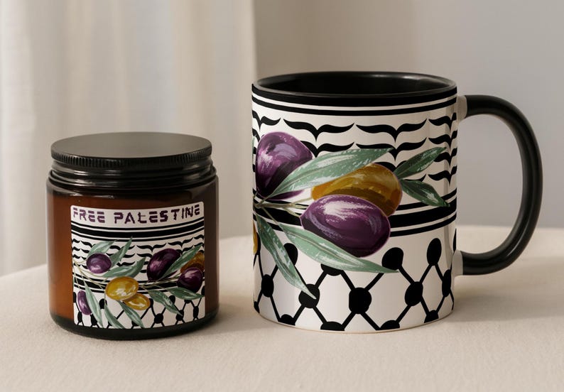 May include: A brown jar with a black lid and a mug with a black handle. Both items feature a design of olives and the text "FREE PALESTINE". The mug has a black and white geometric pattern.