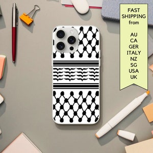 May include: A white iPhone case with a black and white geometric pattern. The pattern is a traditional Palestinian keffiyeh design.