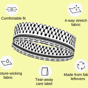 May include: Black and white patterned headband made from recycled fabric. It is comfortable, moisture-wicking, and has a 4-way stretch. The care label is tear-away.