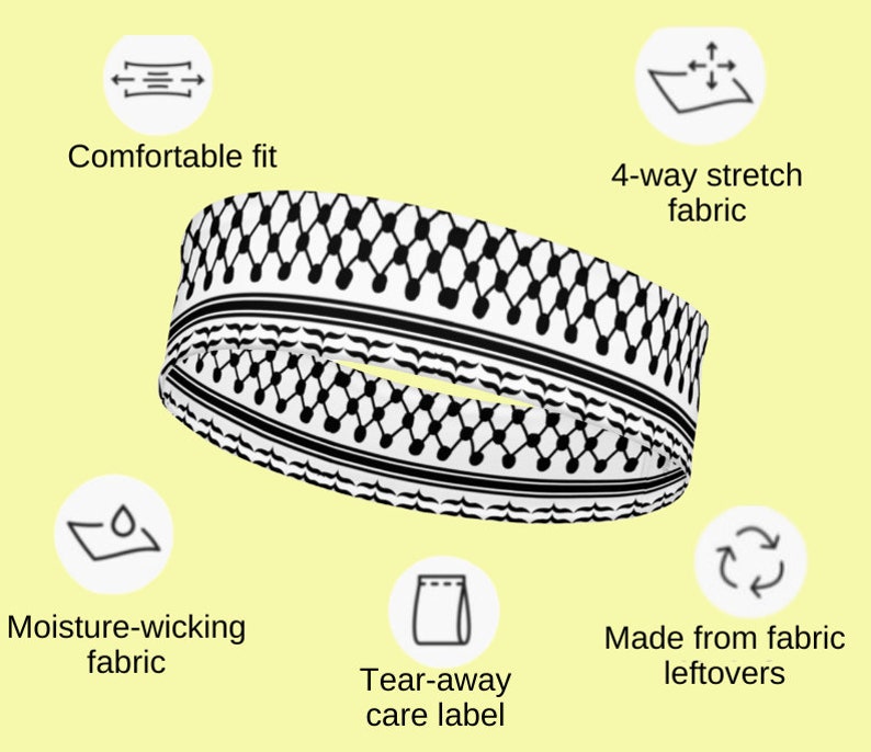 May include: Black and white patterned headband made from recycled fabric. It is comfortable, moisture-wicking, and has a 4-way stretch. The care label is tear-away.