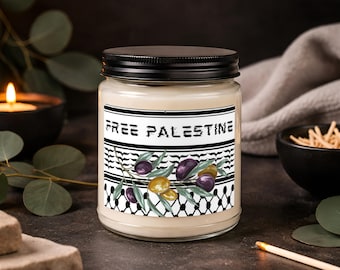 Vela de soja "Palestina Libre", vela en frasco de 113 g o 255 g con tapa, regalo solidario de rama de olivo Keffiyeh
