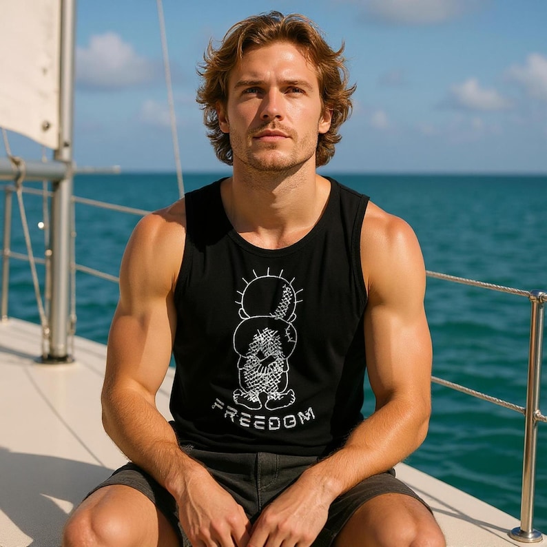 Guy on a sallboat wearing a black Handala Tank Top – Freedom Flotilla Gaza Aid Shirt with Distressed Freedom Text