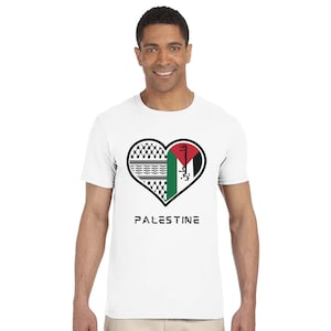Palestinian Heart T-Shirt English Palestine Word Tee Flag Colors & Keffiyeh Elements Gaza Streetwear Ceasefire Now Protest Shirt Gift Peace