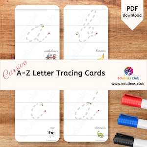 A-Z-kursive Buchstaben-Ablaufverfolgungskarten, kursive Kleinbuchstaben-Version, Montessori-Ressource, praktische Vorschulaktivität zur Verfolgung von Kindern in der Vorschule, druckbar