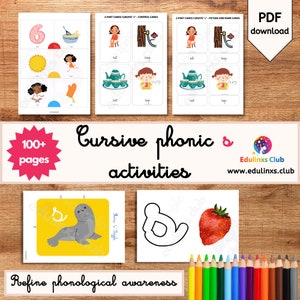 May include: A set of printable cursive phonics activity worksheets for kids. The worksheets feature a variety of activities, including tracing letters, matching pictures to words, and writing sentences. The worksheets are designed to help children learn the sounds of the alphabet and develop their handwriting skills. The worksheets are colorful and engaging, and they are perfect for use in the classroom or at home.