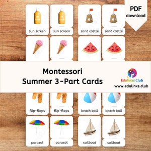 Tarjetas de verano de 3 partes, recurso de clase Montessori, actividad práctica preescolar, imprimible