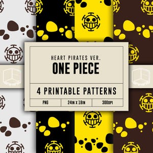 Può includere: Quattro motivi stampabili con un simbolo di teschio e ossa incrociate con un cuore al centro, circondato da punti neri e gialli. Il testo "HEART PIRATES VER. ONE PIECE" e "4 PRINTABLE PATTERNS" è visualizzato su uno sfondo beige. I motivi misurano 24 pollici per 18 pollici e 300 DPI.