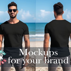 Front and back Black T-Shirt Mockup Front and Back Bella Canvas 3001 Mockup Male Model Mockup Front & back Lifestyle TShirt Mockup Beach