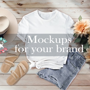 White Spring Tshirt Mockup Bella Canvas 3001 Mockup White shirt Mockup Spring Women Flat Lay Styled Tee shirt Mockup flowers Wood Background