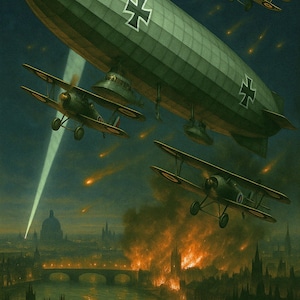 May include: An illustration depicts a nighttime aerial battle over a city. A large green airship with black crosses is flanked by biplanes. The city below is ablaze, with a searchlight illuminating the scene. The sky is dark with streaks of light.