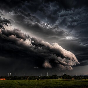 Puede incluir: Una dramática y oscura formación de nubes de tormenta se cierne sobre un campo verde con una línea de aerogeneradores a lo lejos. Un pequeño vehículo de color naranja brillante es visible a la izquierda del horizonte bajo el cielo gris y negro.