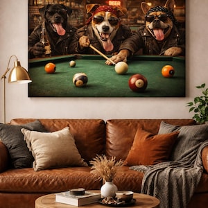 May include: A framed print depicts three dogs playing pool, each wearing sunglasses and leather jackets. One dog holds a beer bottle, while another aims a pool cue. The pool table has several billiard balls. The word "BEER" is visible above the dogs.