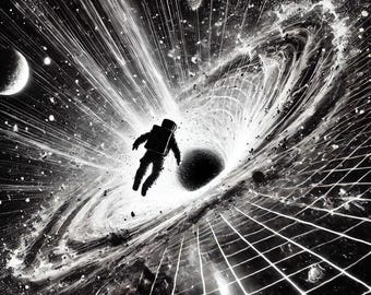 May include: A monochrome illustration of an astronaut falling into a black hole. The image shows a swirling vortex, a grid-like pattern in the foreground, and celestial bodies in the background, creating a sense of cosmic depth.