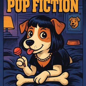 Pup Fiction Poster – Lustiger Jack Russell im Comicstil | Retro Film Parodie | Wandbild für Filmfans & Hundeliebhaber