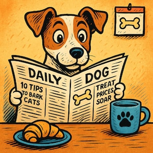 Funny Jack Russell at breakfast – cartoon dog with newspaper and coffee