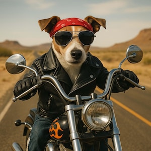 May include: A dog wearing a red bandana, sunglasses, and a black leather jacket, riding a motorcycle. The motorcycle has a chrome handlebar and headlight, with an orange flame design on the tank. The dog is on a road with a desert landscape in the background.