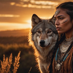 May include: A woman with long dark hair and tribal adornments stands beside a gray wolf against a sunset backdrop. She wears a beaded necklace and has face paint. The image evokes a sense of nature and indigenous culture.