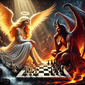 May include: An artistic depiction of a chess game between an angel and a demon. The angel, with golden wings and a halo, sits on a stone surface. The demon, with horns and dark wings, sits on a fiery landscape. A chessboard with chess pieces is between them.