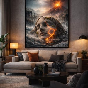 Könnte beinhalten: Ein großes gerahmtes Kunstwerk zeigt ein steinernes Gesicht, das aus stürmischem Wasser auftaucht, mit einem Vulkanausbruch im Hintergrund. Das Gesicht ist rissig, mit leuchtend orangen Linien. Das Kunstwerk hängt über einem beigen Sofa.
