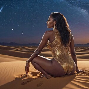 Surreale Wüstenkönigin unter Sternenhimmel – Elegante Frau in Gold – Digitales Fantasy Kunstwerk als Poster Download