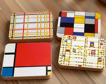 Mondrian Coaster Set – Iconic Abstract Designs, Cork-Backed, Featuring Four Vibrant Compositions, Perfect Gift for Modern Art Lovers