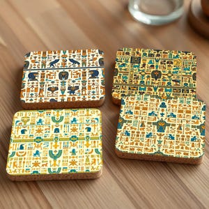 Egyptian Hieroglyph Coasters – Ancient Symbols & Gold-Turquoise Designs with Cork Backing, Perfect for Cultural Decor and Gifts