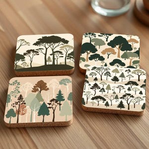 Forest & Tree Silhouette Coasters – Minimalist Woodland Scenes, Cork Backing, Rustic Cabin Decor, Eco-Friendly Gifts for Nature-Loving Homes