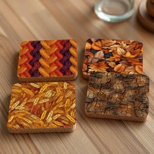 Könnte beinhalten: Vier quadratische Korkuntersetzer mit verschiedenen Herbstmotiven. Ein Untersetzer zeigt ein gewebtes Strickmuster in Orange-, Rot- und Lilatönen. Ein weiterer Untersetzer hat ein Muster aus braunen und orangefarbenen Blättern. Der dritte Untersetzer hat ein Muster aus Weizenähren in Gold- und Orangetönen. Der letzte Untersetzer hat ein Holzmaserungsmuster in Braun- und Grautönen.