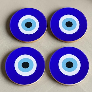 Evil Eye Round Coasters | Protective Greek Nazar Decor, Blue Eye Good Luck Charm, Table Protection for Spiritual & Stylish Homes